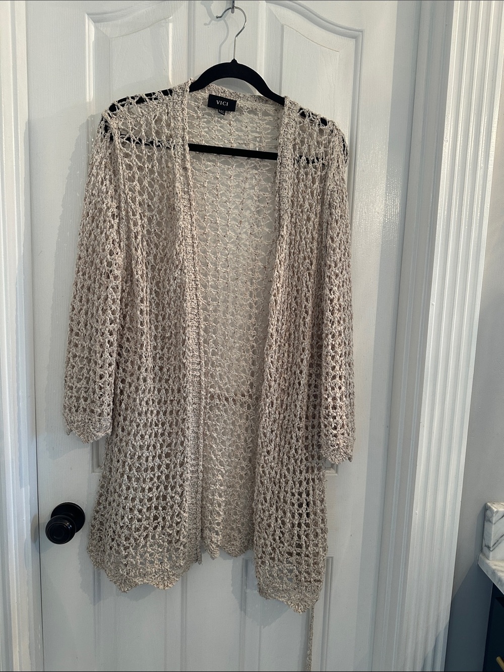 VICI Open-Front Crochet Cardigan in Light Taupe